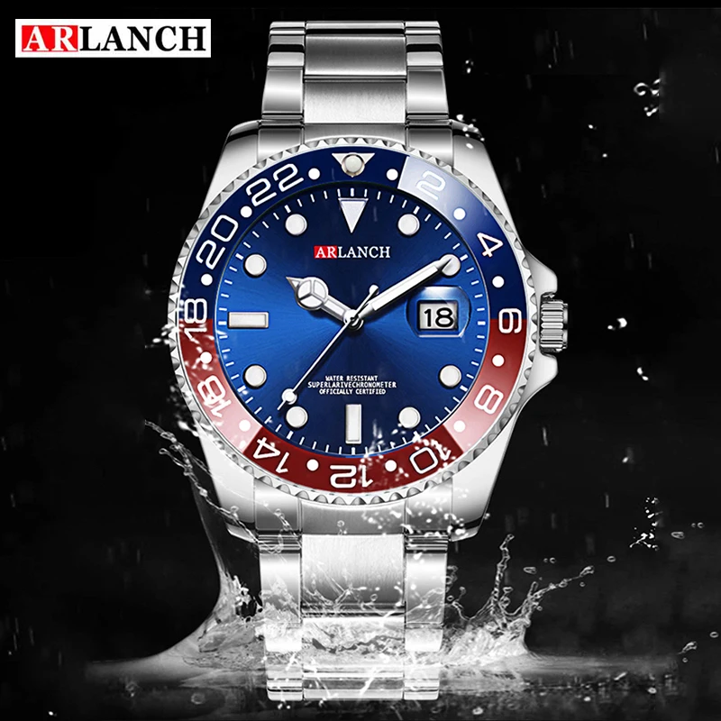 

ARLANCH Business Stainless Steel Watch 40mm Classic Red Blue Circle Diving Series Magnifying Glass Calendar Quartz Watches