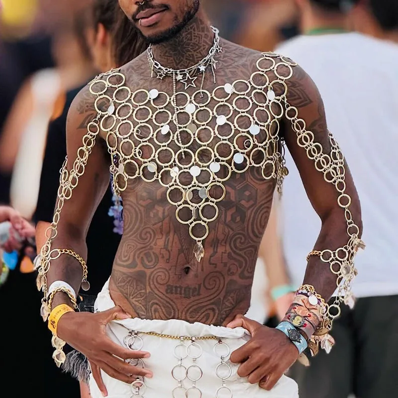 Y2K Guys Body Chain Top Sliver Ring Detail Harness Metal Chain Top Gothic Hollow Out Men's Shirt for Music Concert Rave Outfits