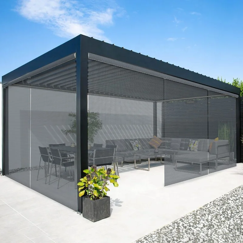 Aluminum Pergola Curtain Windproof and Waterproof Outdoor Roller Blinds and Outdoor Blackout Motorized Zip Track Roller Blinds