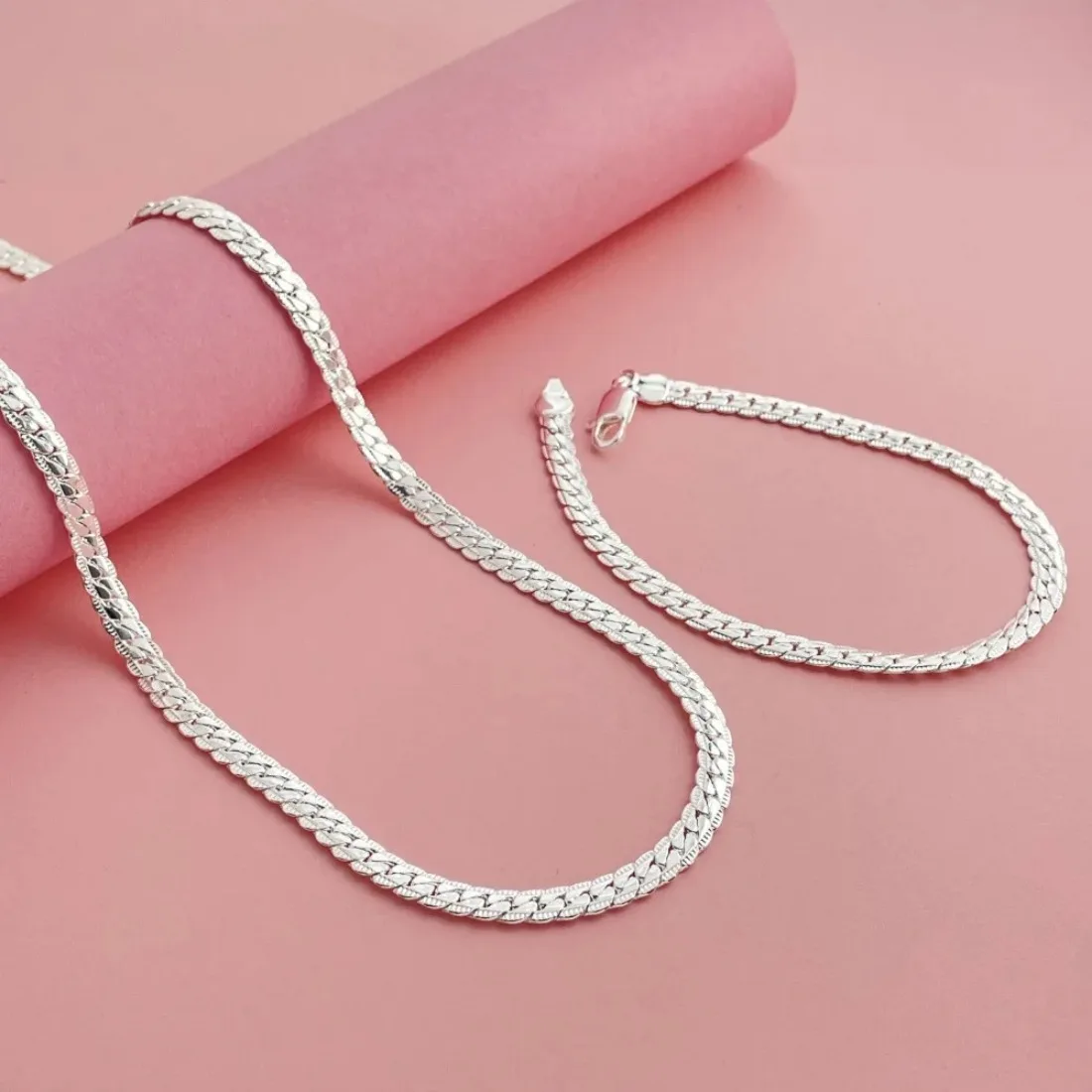 Bransoletki, naszyjniki i zestawy biżuterii Fine Brands, łańcuszek płaski 5 mm, srebro próby 925, dla kobiet i mężczyzn, modna biżuteria, prezenty ślubne. — zdjęcie 3