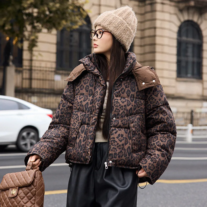 Winter New Winter Leopard Print Fashion Woman Coat Turn Down Collar Hooded Zipper Padded Puffer Short Outerwear Casual Clothes