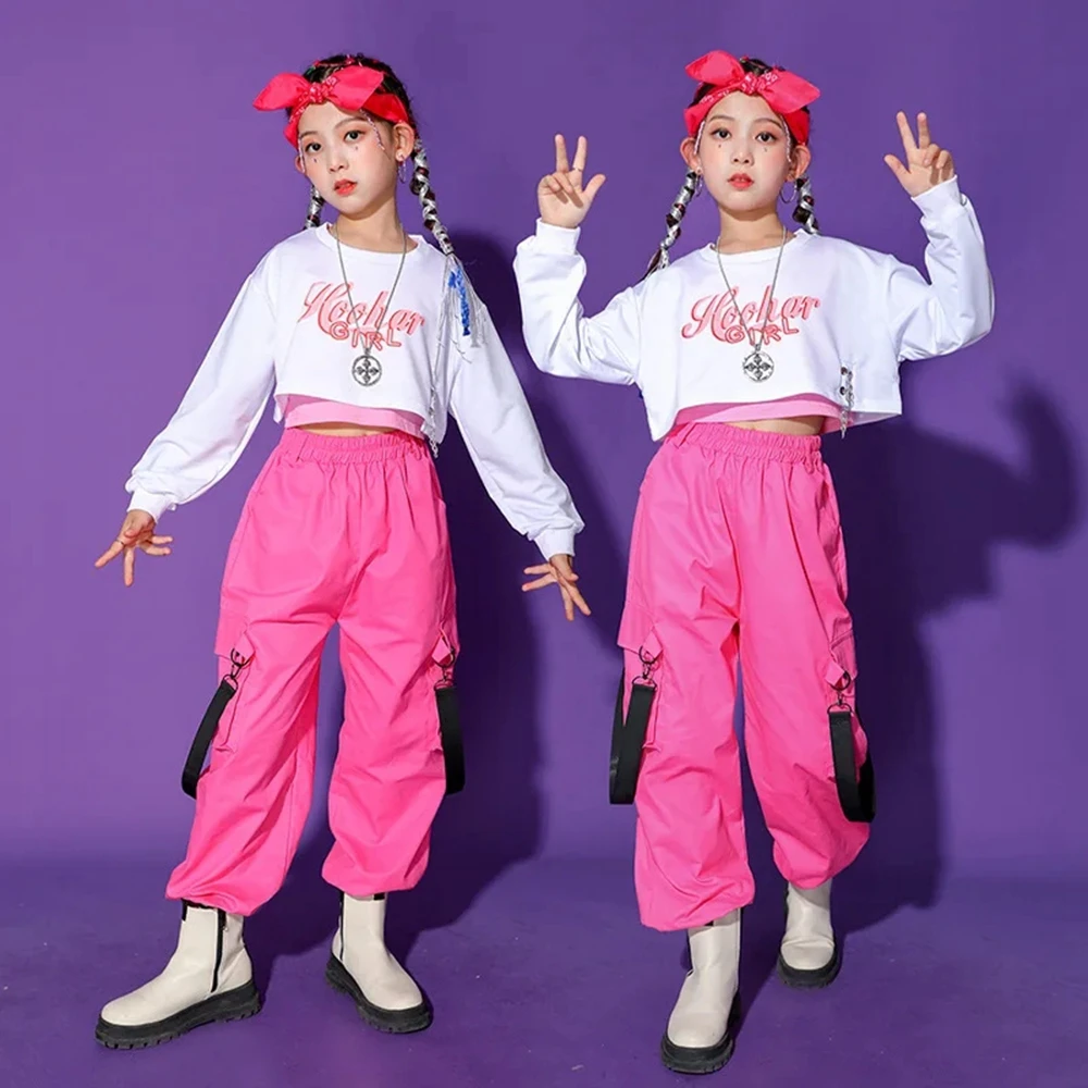Girls Hip Hop Crop Top Pink Cargo Pant Kids Sweatshirt Street Dance Clothes Sets Child Jazz Sweet Outfit Teen Streetwear Costume