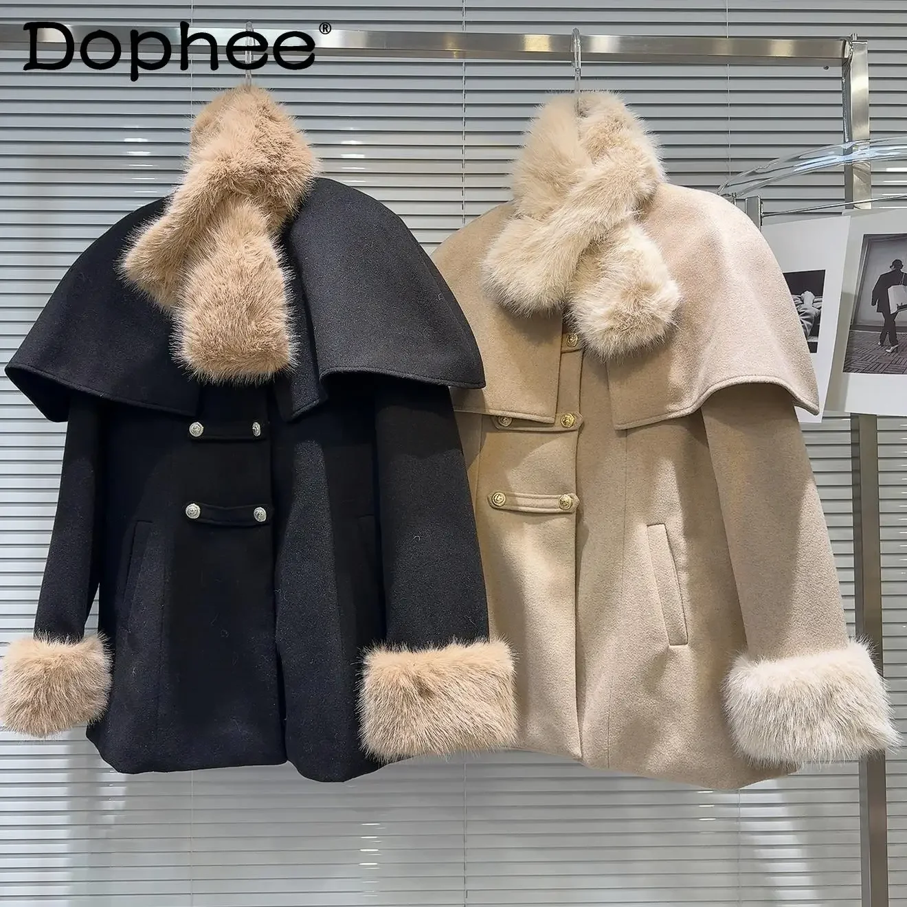 Solid Color Thick Jackets for Women 2024 Winter New Temperament Faux Fur Scarf Sleeves Woolen Shawl Padded Cape Trench Coating