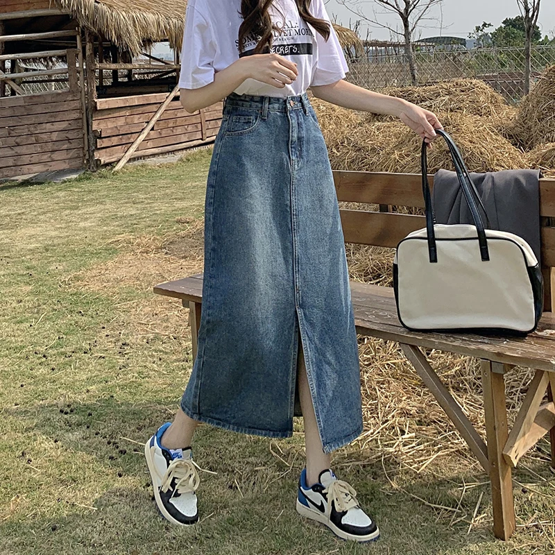 Cintura alta a linha midi denim saia para mulheres plus size coreano sle primavera outono temporada cor comute amigável