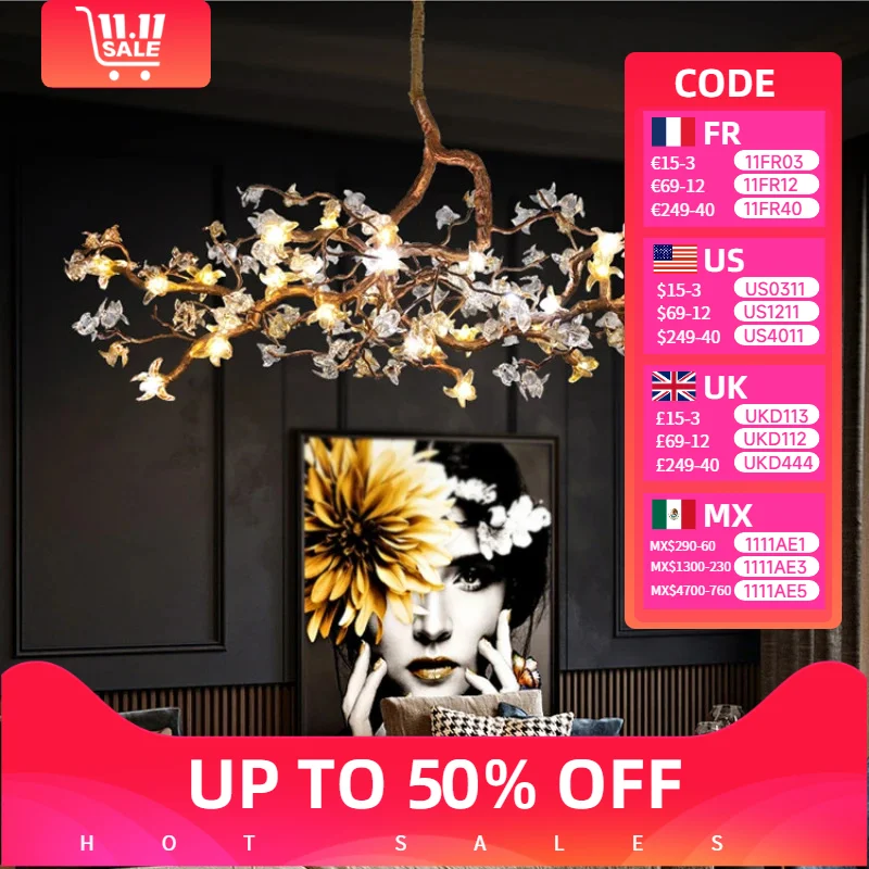 

Chinese Style Vintage Creativity Copper Flower Led Light Dining Kitchen Chandelier Living Room Decoration Home Appliance Lamp