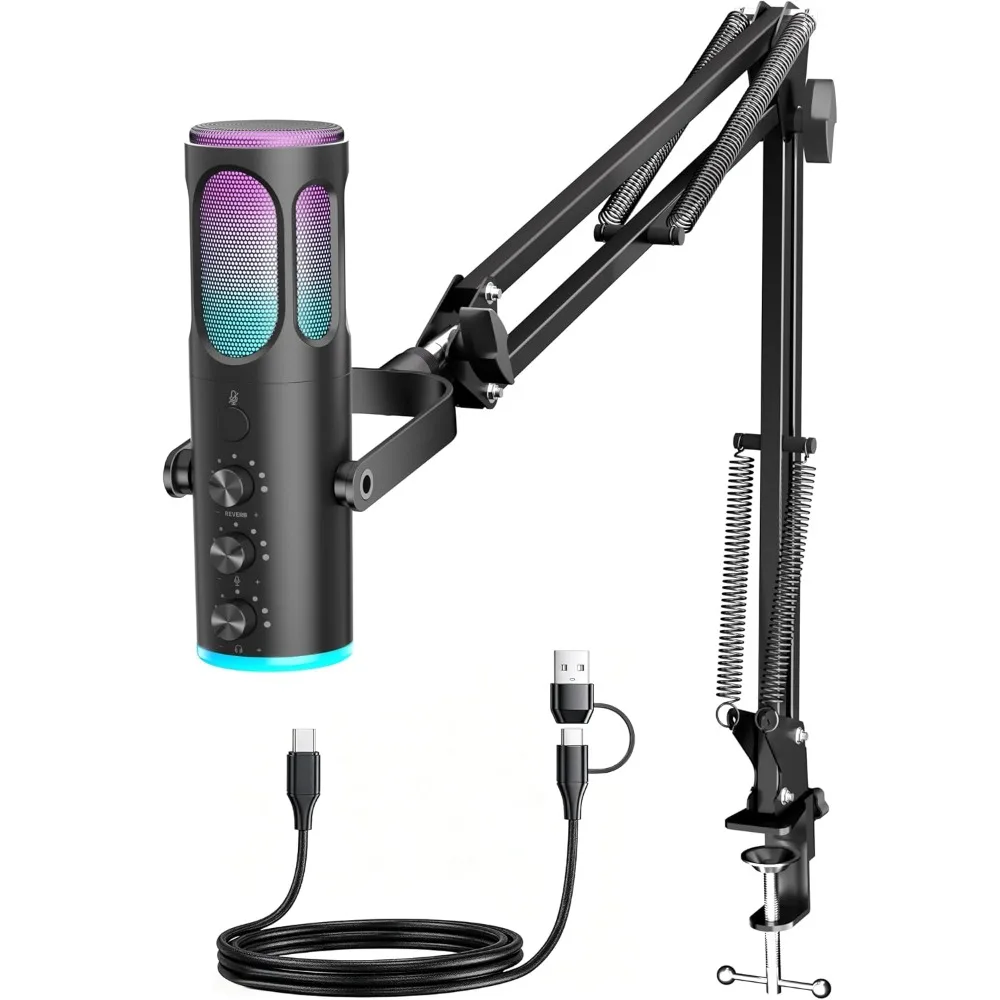 Microphone for PC, PS4/5, Mac: Noise-Canceling, Mute, Reverb, Adjustable Arm, Pop Filter for Streaming, Podcasting, Recording