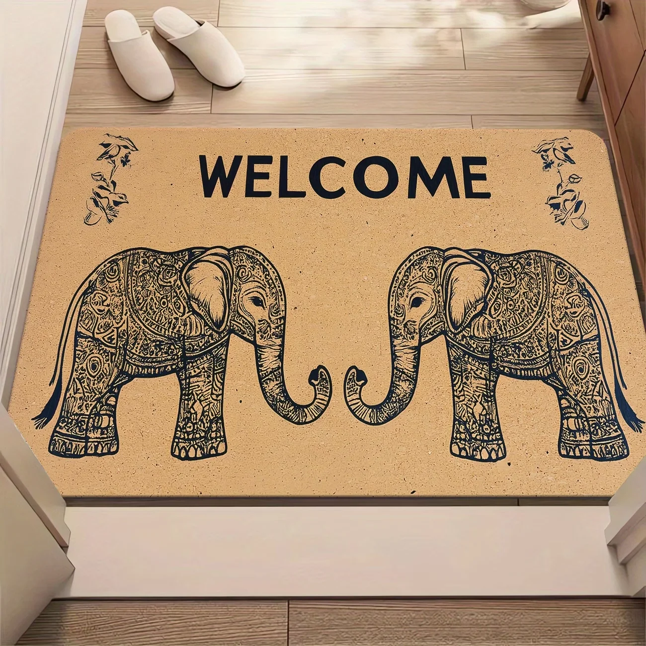 Vintage Elephant Floor Mat Gold Baroque Border Navy Blue Welcome Doormat for Living Room Balcony Entrance Area Carpet