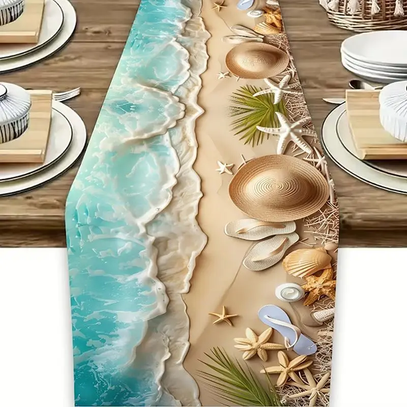 VIKAMA Coastal Beach Table Runner Starfish Seashell Palm Tree Pattern Long Table Cloth For Summer Holiday Dining Table Decoratio