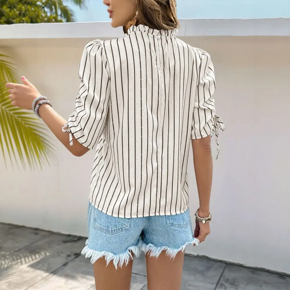 Women Summer Striped Shirt Vintage Stand Collar Puff Sleeve Blouse Pullover Casual Drawstring Slim Beige Elegant Tops