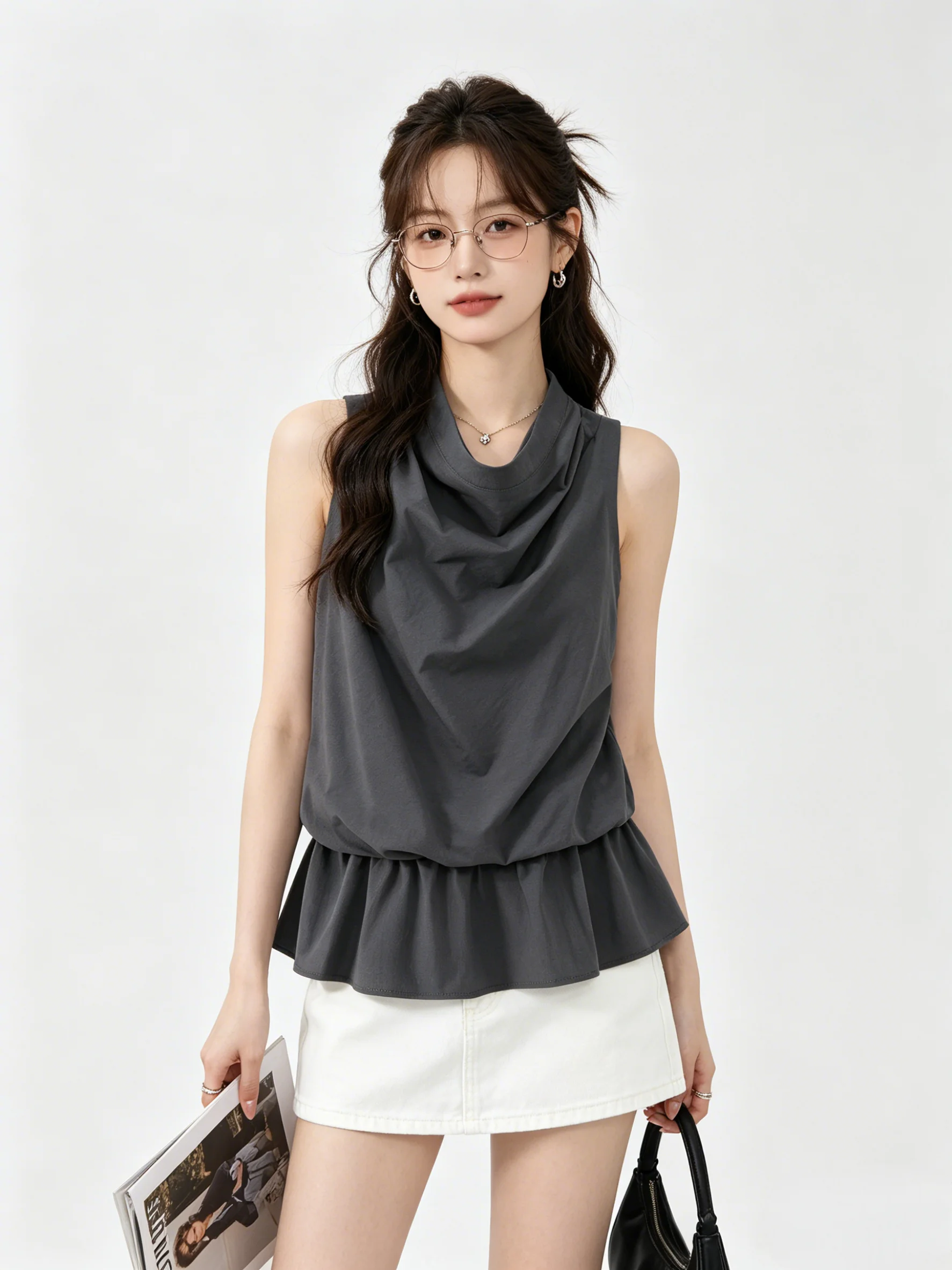 

Retro Design Women's Shirt Summer 2026 Sleeveless Waist Cinched Flounce Hem Casual Loose Fit Breathable Skin-Friendly