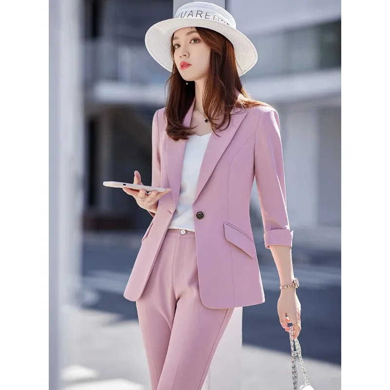 Summer Women Pant Suit Business Coat Work Wear Pink Blue Khaki Black Office Ladies Half Sleeve Blazer+Trouser Formal 2 Piece Set