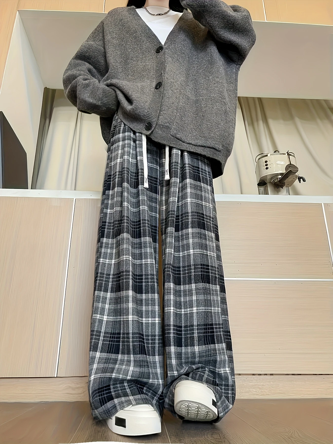 2026 New Style Grey Black Tartan Plaid Wide Leg Pants Elastic Drawstring Loose Y2K Hip Hop Streetwear Casual Long Trousers kids
