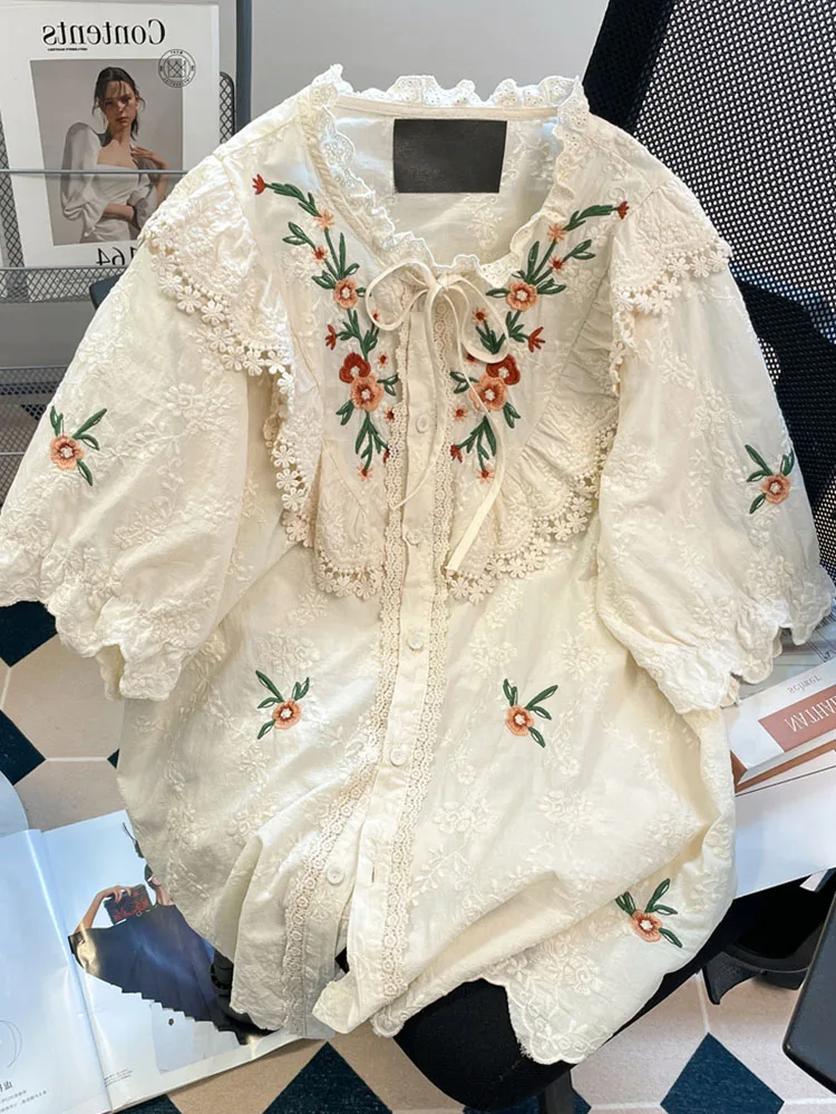 

Vintage Chic Court Design O-Neck Short Sleeve Shirts Autumn Women Sweet Lace Floral Top French Elegance Button Chiffon Blouses