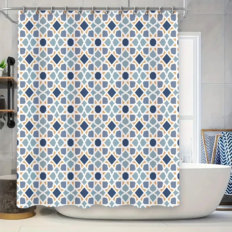 

Stylish Blue Geometric Shower Curtain for Bathroom Decor Durable Waterproof Fabric with Silver Eyelet Ring Set