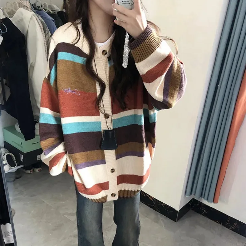 여성용 스트라이프 패널 자수 가디건, 싱글 브레스트, 헐렁한 부드러운 올 매치 프레피 패션 대학, 가을 시크, 한국 스타일