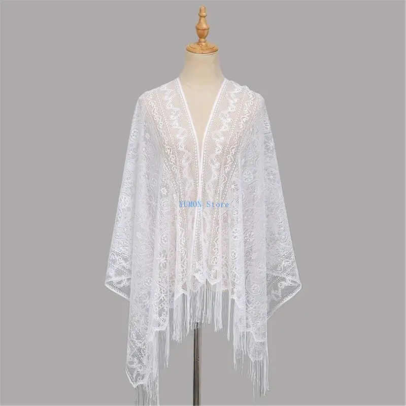 D0UD All Matching Lace Shawl Hollowed Scarf With Decorative Tassels Spring Dress Shawl Perfect For Fashion Forward Women