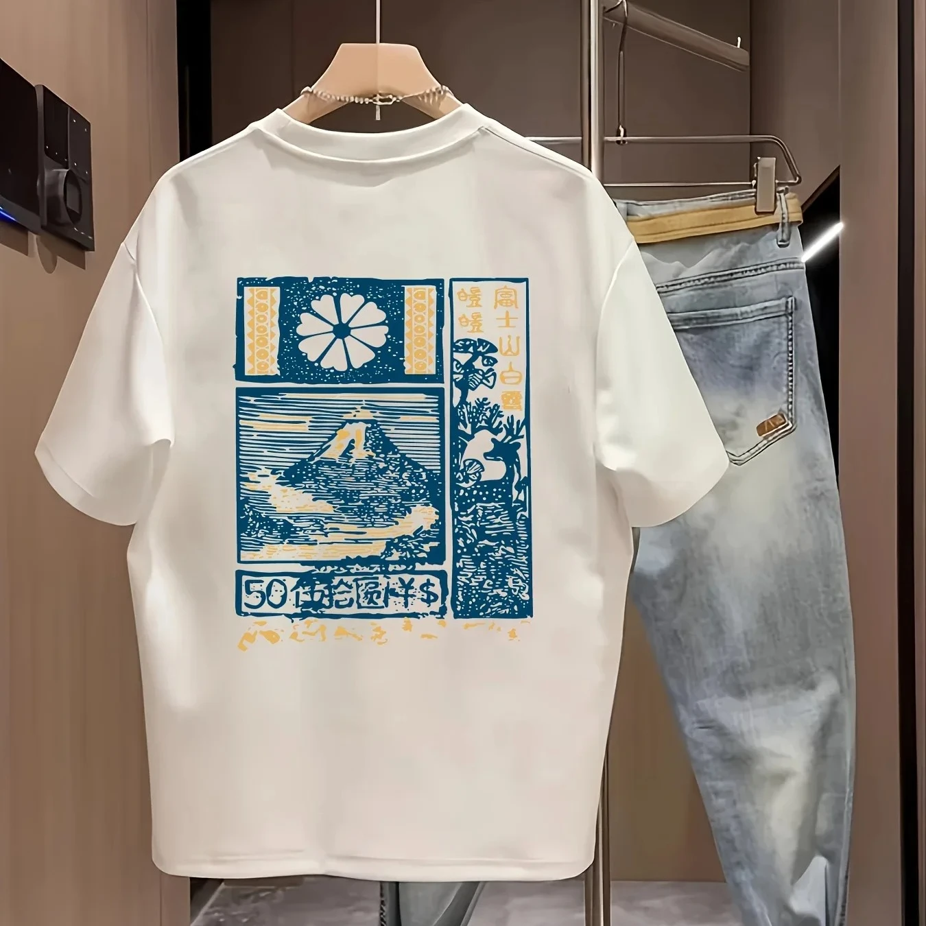 Japanese Ukiyo-e Mount Fuji Print T-Shirt Unisex Crew Neck Short-sleeved Retro Street Y2K Hip Hop Casual Fashion Tops Clothing
