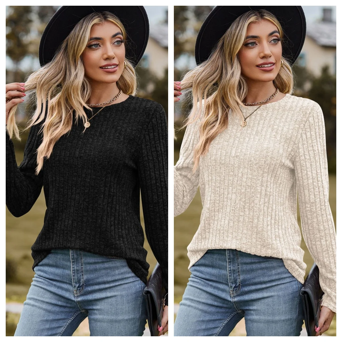 

Женская Однотонная футболка с длинным рукавом, с круглым вырезом