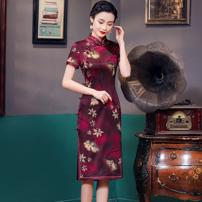 High Quality  Long Improved Gambiered Canton Gauze Cheongsam Qipao Printed Stand Collar Short Sleeve Real Silk Dress