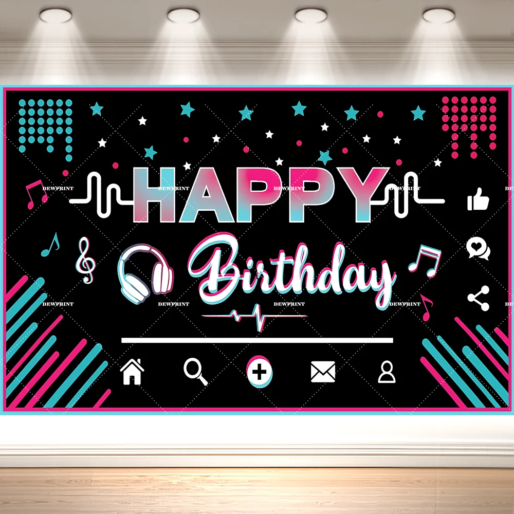 Dewprint Colorful Neon Musical Birthday Backdrop Audio Wave Disco Ball Microphone Music Themed Photo Booth Banner Decor Supplies