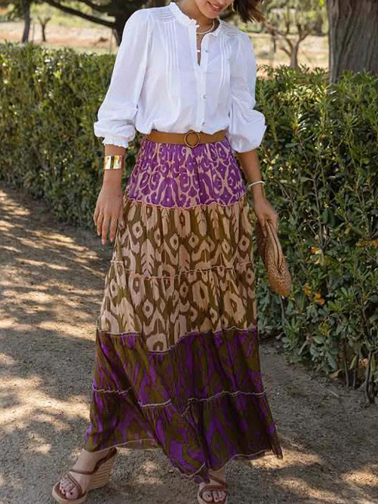 ผู้หญิงลําลอง Ruffles Patchwork กระโปรง,วันหยุดฤดูร้อน Elegant Elastic เอวกระโปรงเก๋,2025 พิมพ์แฟชั่นผู้หญิงกระโปรง