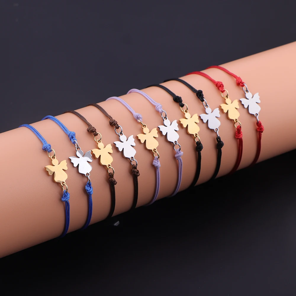 5pcs/lot Stainless Steel Angel Charm Bracelet Wax Thread Braided Adjustable Slider Bracelet For Women Jewelry Gift