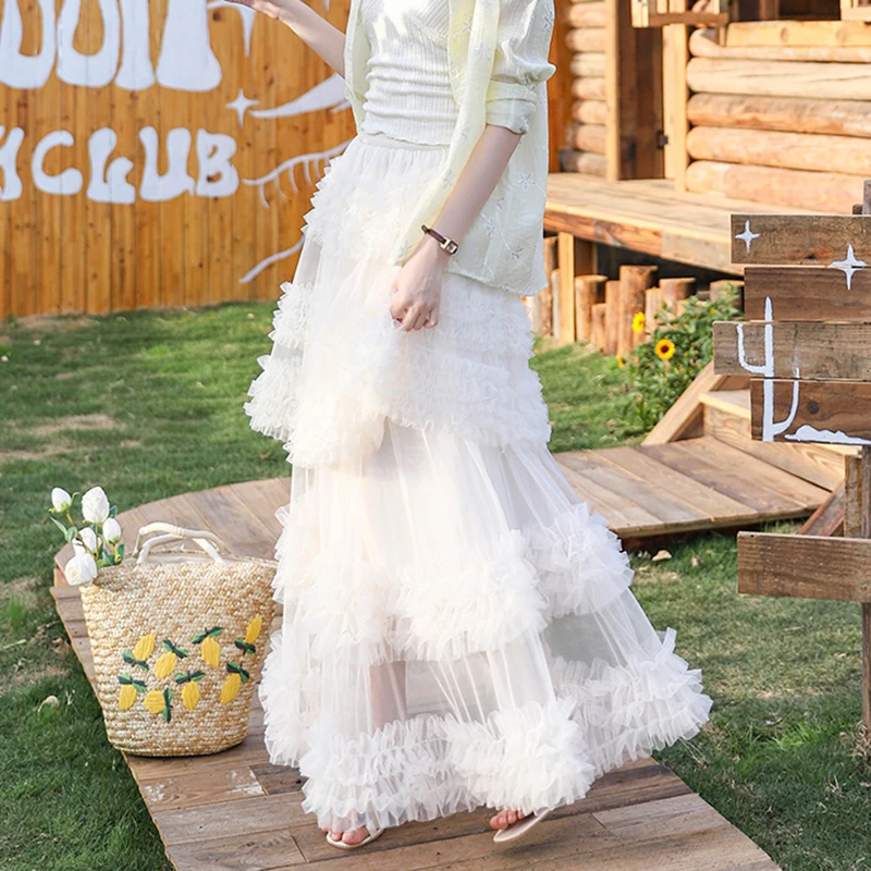 Heavy Industry Tierred Ruffles Skirt Women 2025 New Elastic High Waist A-Line Skirt with Liner Sweet Long Cake Skirt Trendy