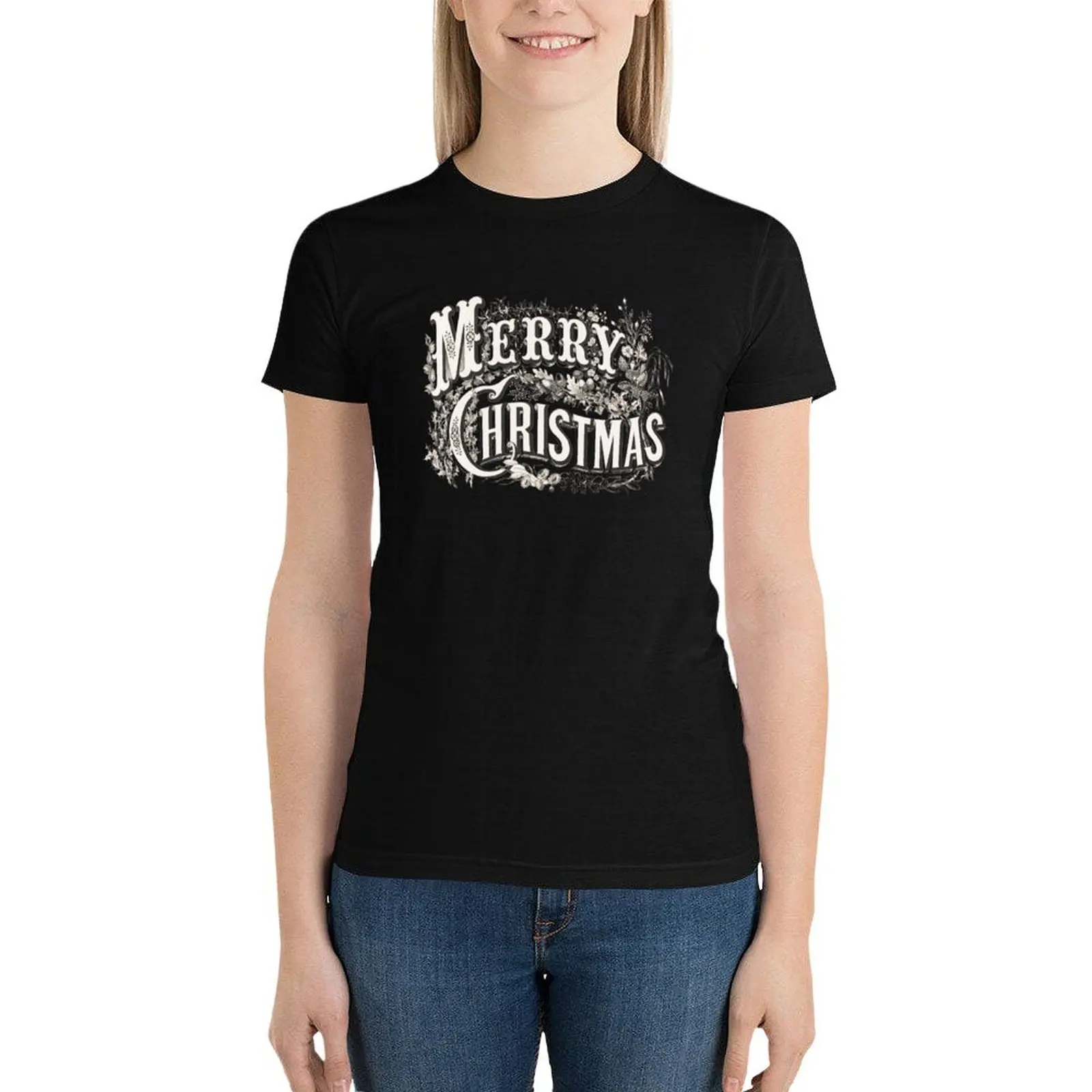 Vintage Merry Christmas lithograph (1876) published by Currier & Ives. T-Shirt vintage cute tops plain Women's clothing