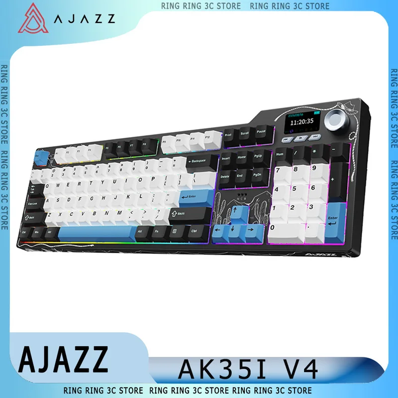 

AJAZZ AK35I V4 Беспроводная трехрежимная механическая клавиатура с прокладкой, с возможностью горячей замены, 1,14-дюймовая цветная клавиатура с ручкой