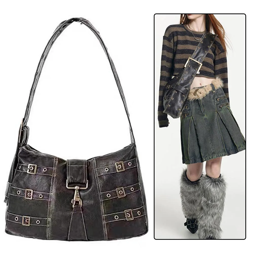 

Women Y2k Shoulder Bag Locomotive Leather Hobo Bag Versatile Top Handle Bag Punk Armpit Bag Aesthetic Purse