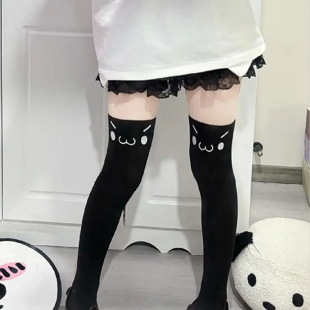 Kawaii Cat Paw Thigh Socks White Print Long Socks JK Harajuku Expression Over Knee Thigh High Stockings Japanese Cosplay Socks