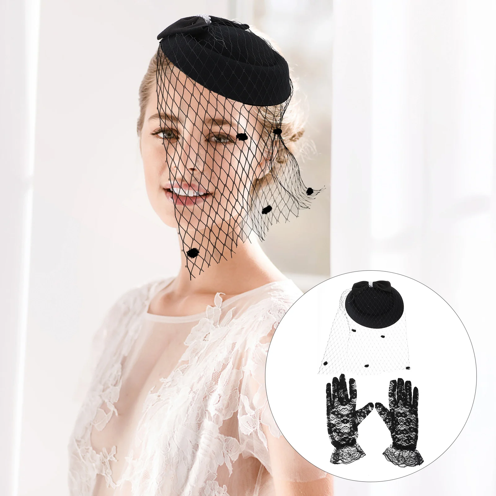 1Set Party Net Garn Hut Spitze Handschuhe Frauen Cheongsam Decor Dance Party Kopfschmuck Frauen Schleier Hut Spitze Handschuhe Mesh haar Dekoration