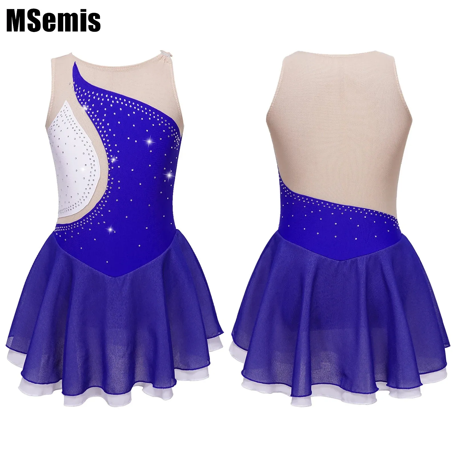 

Kids Girls Patchwork Style Dance Dress Rhinestone Decorated Stylish Clothing Sleeveless Round Neckline Dancewear