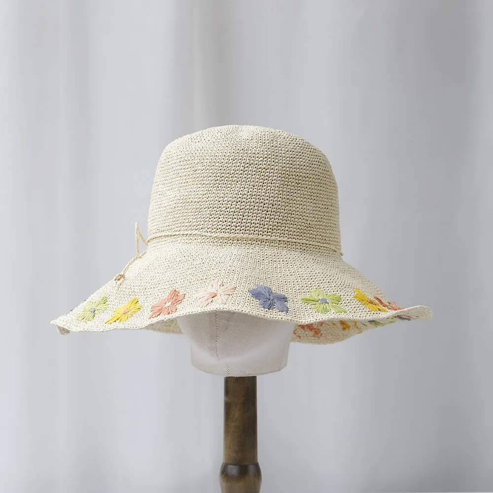 2025 Fashion Floral Hat Summer Women Raffia Straw Bucket Hat Fisherman Hats Hand Weaving Big Brim Panama Girl Beach Sun Hats