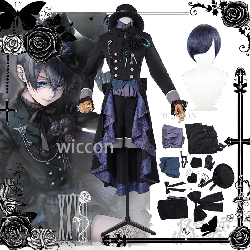 

Ciel Black Anime Butler Cosplay Black Rose Costume Court Vintage Gothic Dresses Hat Gorgeous Lolita Dark Styles Wigs Customized