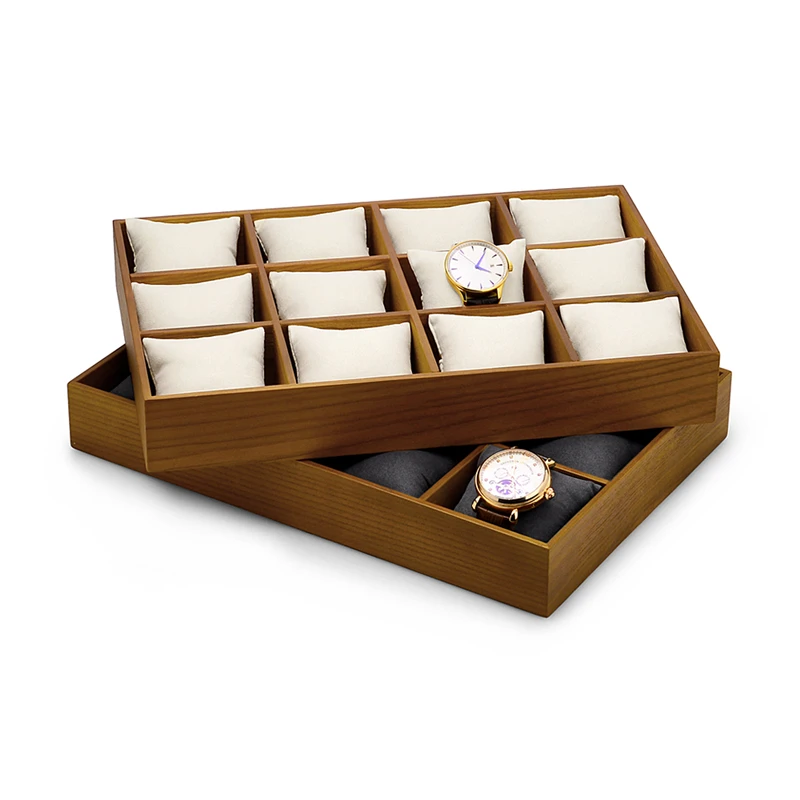 Oirlv Solid Wood Watch Display Tray Bangle Storage Box with Pillow Microfiber Beige/Dark Grey Jewelry Organizer Case