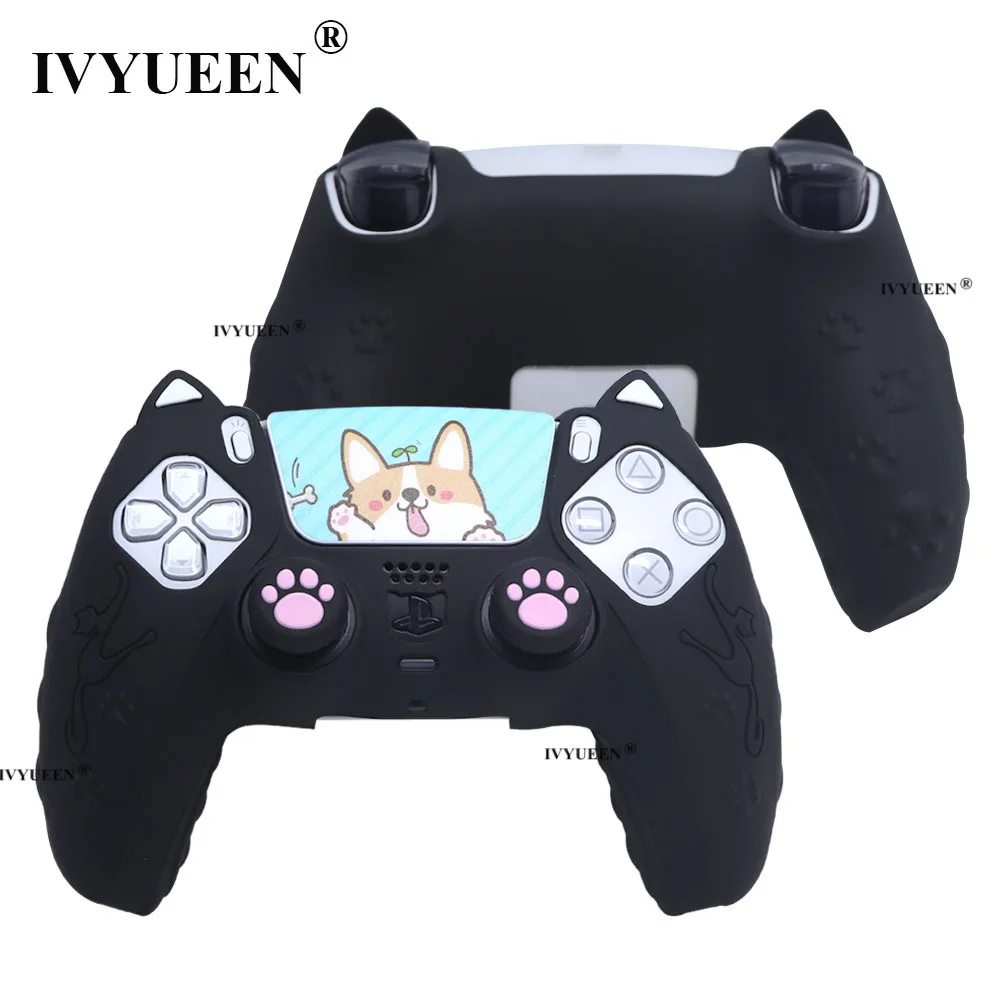 Ivyueen cravejado capa de silicone capa de pele para playstation 5 ps5 pro controlador fino touch pad adesivo para dualsense bonito gato pata