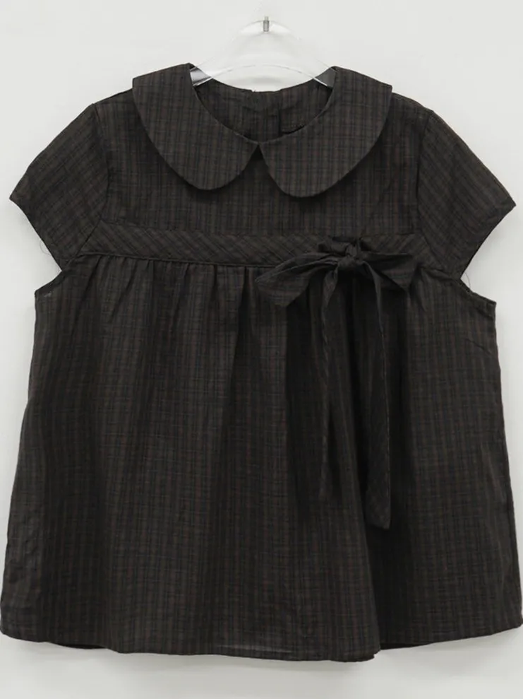 

Summer Girl's Plaid irt with Bow Collar ort Sve Anti-Aging Top Vintage Design Sense Doll Collar Knot irt