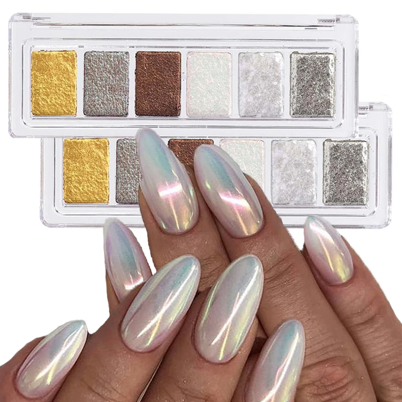 

6 Colors Pearlescent Sparkling Nail Art Aurora Powder Long-lasting Adhesion Mud Solid Nail Pigment Glitter Manicures Accessories