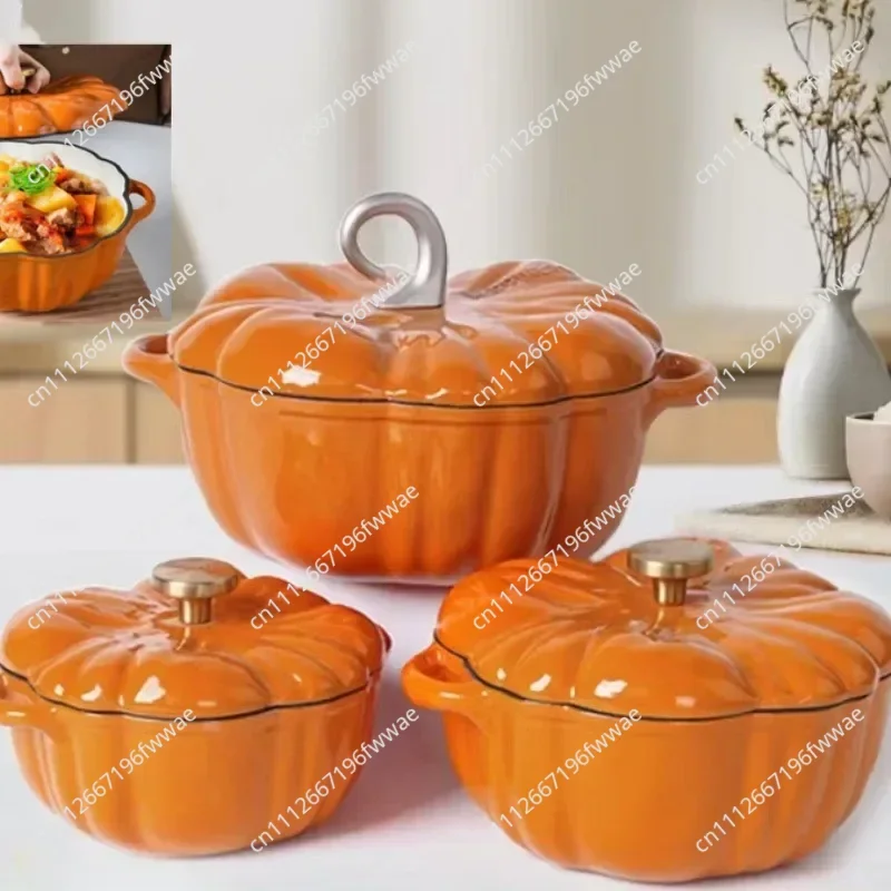 3.7L Enamel Coated Cookware Pumpkin Enameled Cast Iron Cooking Pot NonStick Enamel Pot Casserole Dish 12inch for All Heat Source
