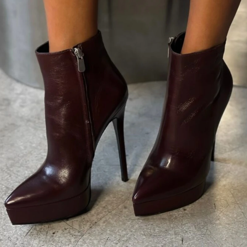 

Modern Pointed Toe Zipper Platform Ankle Boots Burgundy Nude Leather Stiletto Heels Short Booties Women Fashion Runway Shoes