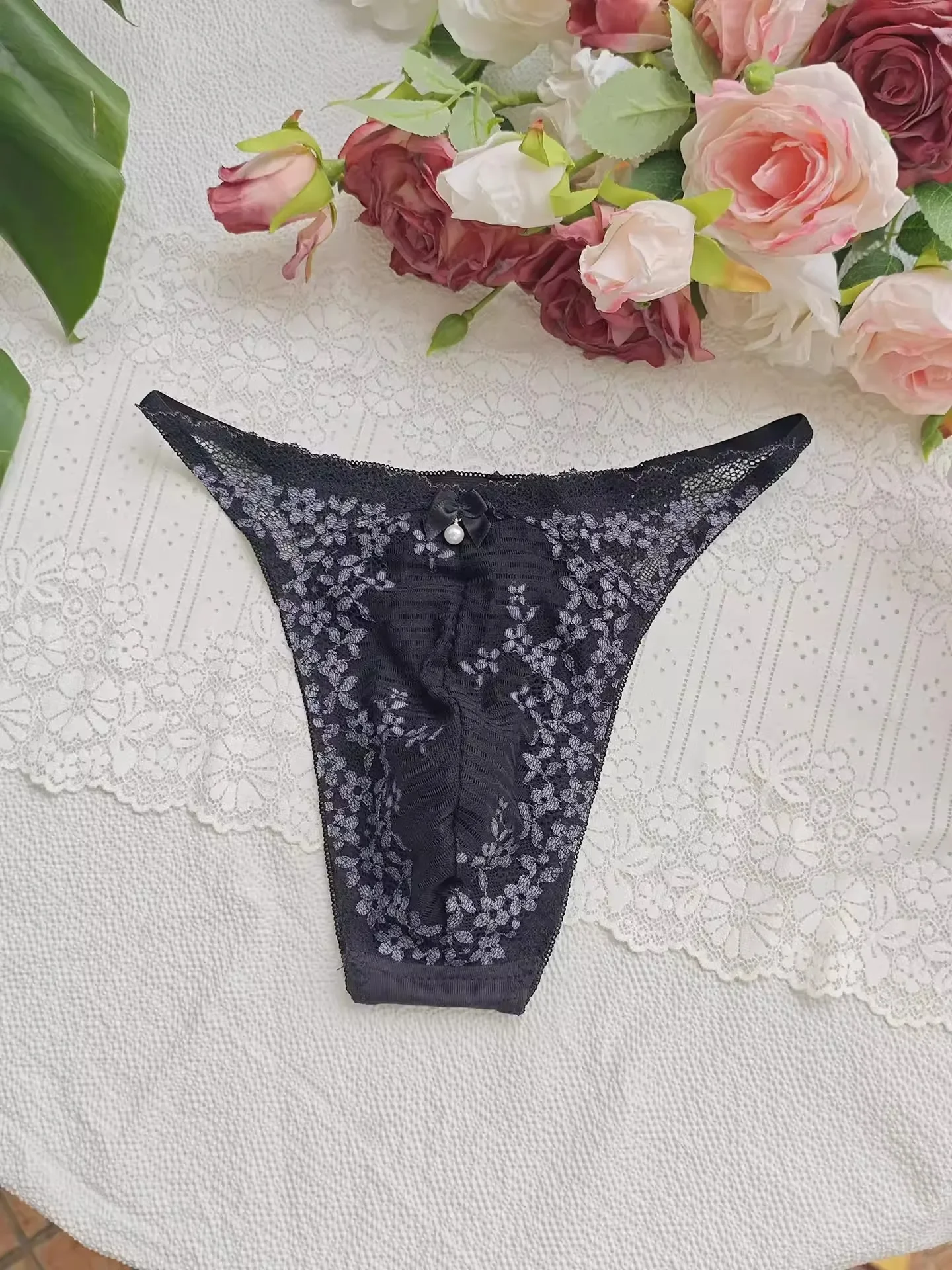 Black Lace Man's T-brief Embroidery Handmake Blue Pink BF Gifts Private FKK Party - view 2