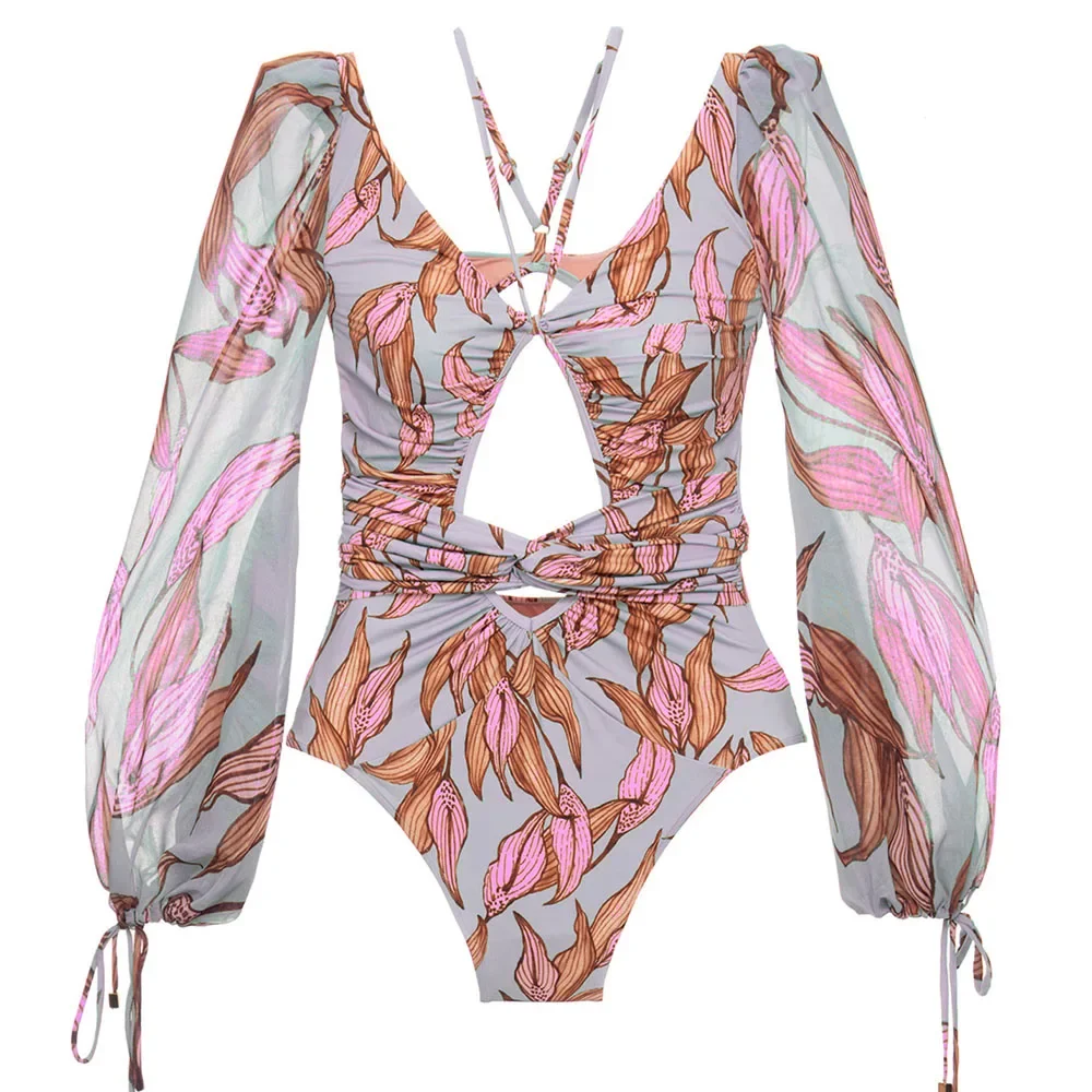 Bañador de una pieza para mujer, traje de baño de manga larga, Monokini con estampado de vendaje, traje de baño negro Sexy con cordón, ropa de playa sin espalda 2021