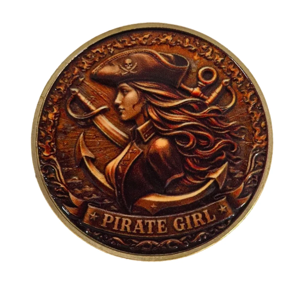 Female Pirate Captain Iron Coin Sunset Ocean Scene Full Color Art Commemorative Coin Pirate Challenge Coin Souvenir