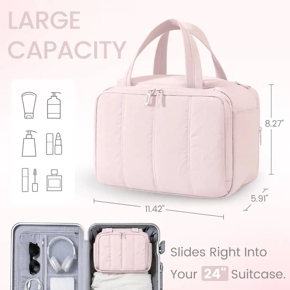 Large Capacity Travel Toiletry Bag Puffy Design Dry-wet Separation Cosmetic Bag Adjustable Dividers Mesh Pocket Makeup Handbag