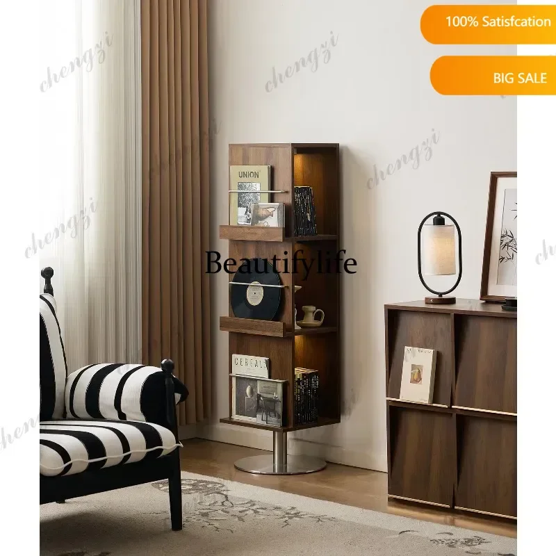 Retro Bookcase Walnut Rotary Bookshelf 360 Degree Living Room TV Side Shelf