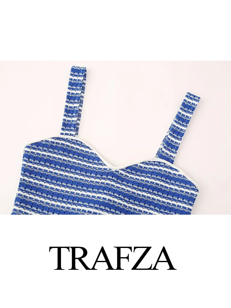 TRAFZA-shorts de cintura alta e top sem gola em v para mulheres, conjunto de 2 peças, zíper casual fino, sem costas, listras azuis, sexy, verão