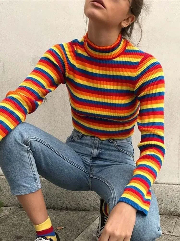 Striped Knitted Sweater Women Elegant Slim Rainbow Pullover Winter Fashion Sexy Short Knitwear Lady Turtleneck Long Sleeve Tops