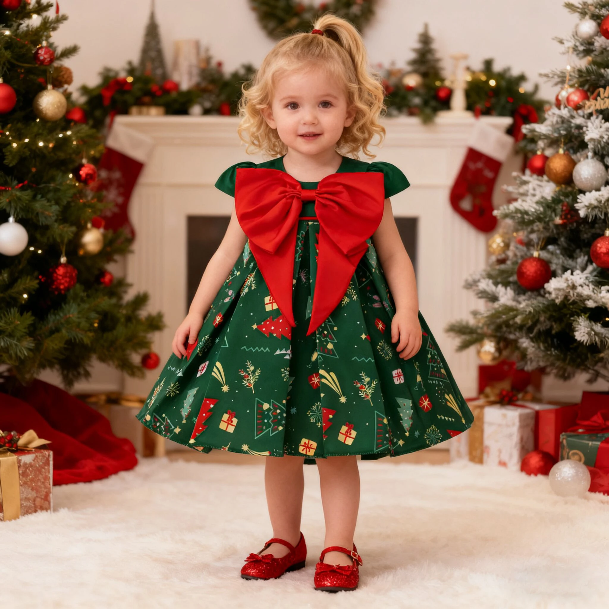 

Big Bow Christmas Gift Print Baby Girls Party Dress Carnival Costume Elegant 1st Birthday Wedding Princess Dresses Girl Clothing