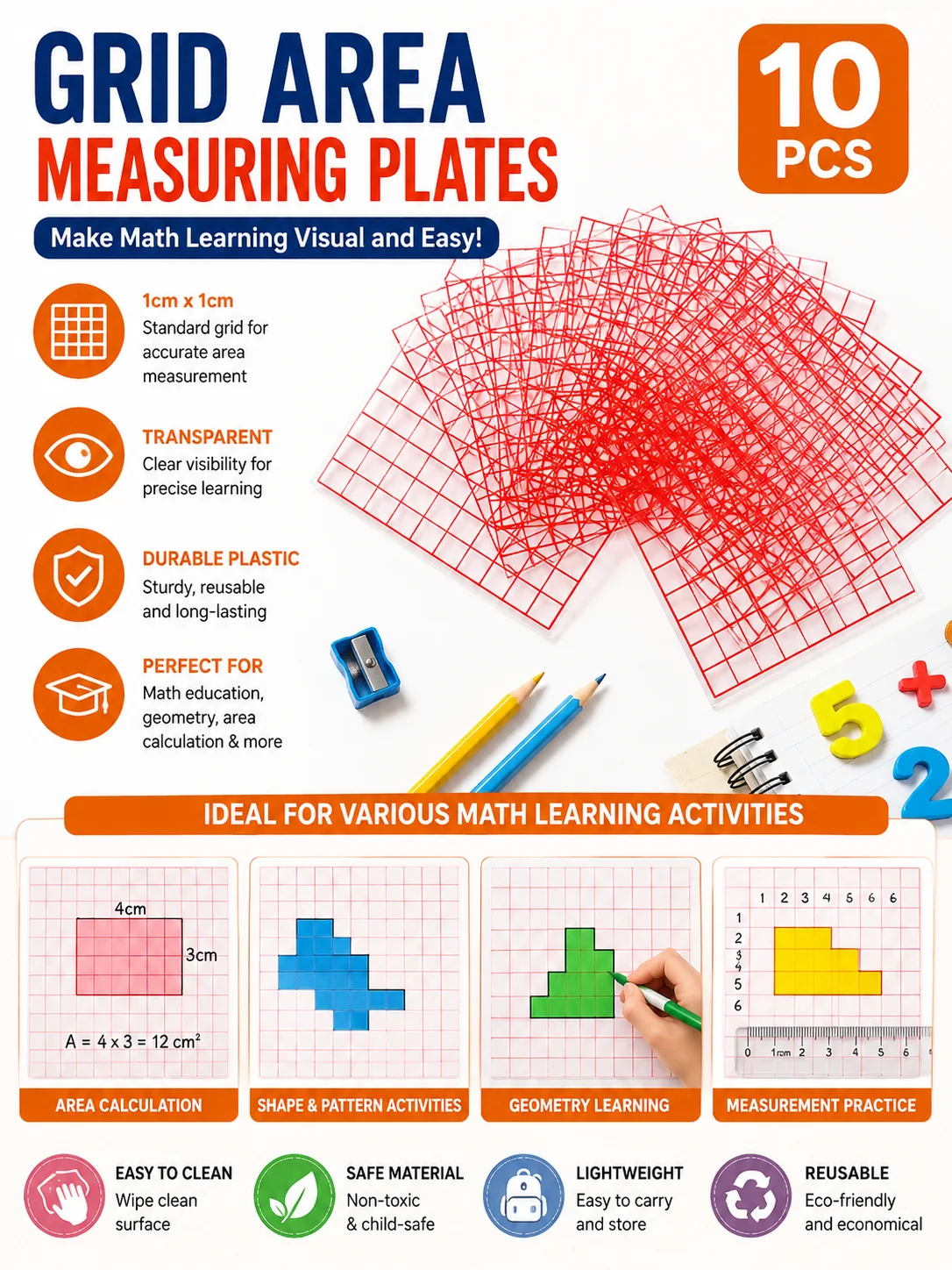 Clear Plastic Grid Area Measuring Sheet 10PCS 1cm Square Math Geometry Teaching Tool for School Education
